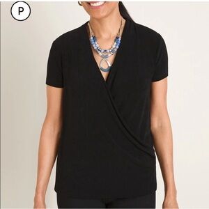 NWT Chicos Women’s Traveler Acetate Drape Front Black Top Size US Medium Petite